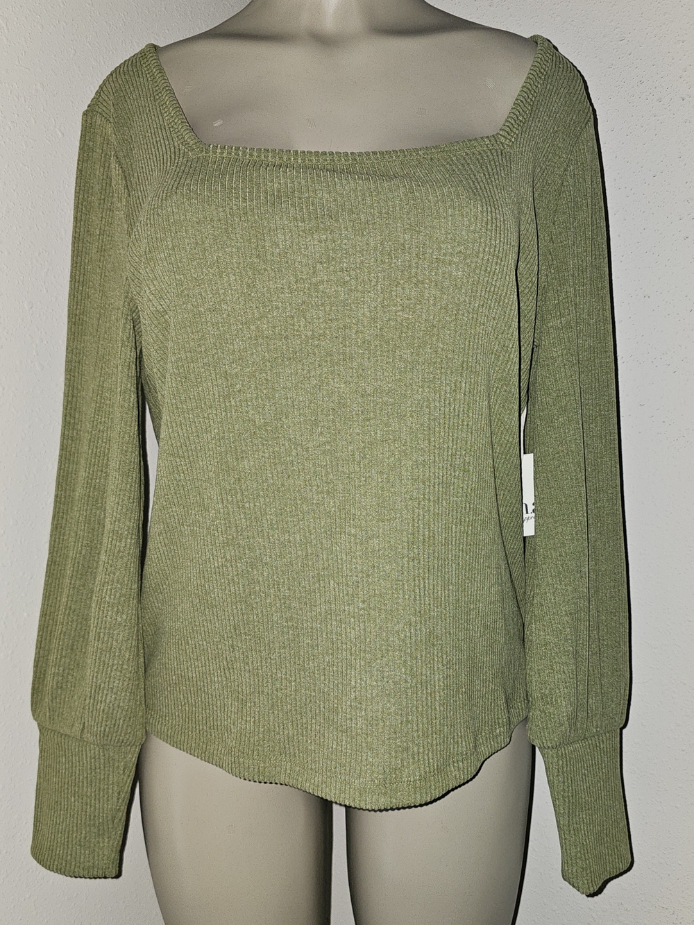 Square Neck Ribbed Long-Sleeve Sweater Shirt  - Olive Green